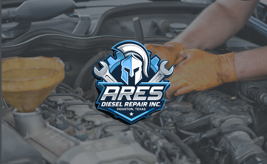 ARES Diesel Repair Inc. logo on top of a mechanic's gloved hands working on a diesel engine, Houston, Texas